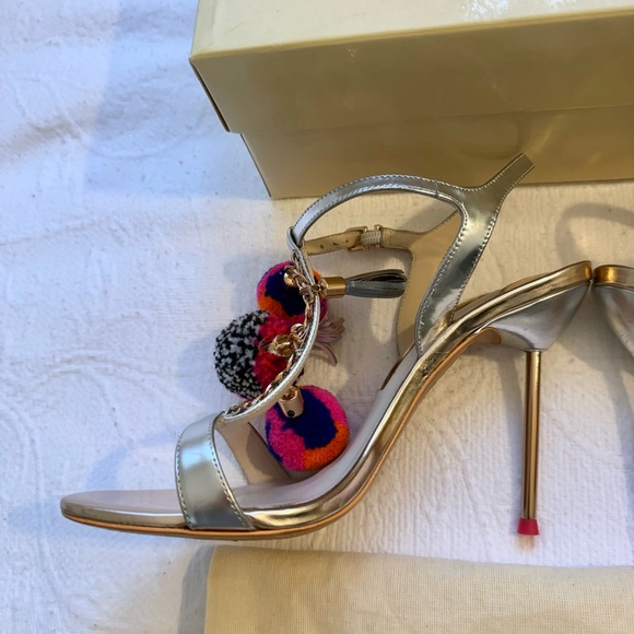 Sophia Webster LAYLA POM POM T-BAR. Silver and Rose Gold Heels with Pom-Poms - Picture 14 of 16